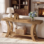 63-Inch Farmhouse Solid Wood Console Table with Lower Storage Shelf for Entryway