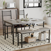 4-Piece Grey Dining Set for 4, Rectangular Table, 2 Chairs & Bench W/ Wine Rack