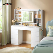 White Dressing Table with LED Lights Sliding Mirror 9 Drawers Vanity Makeup Desk