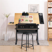 Art Craft Desk Drafting Table with 2 Drawers and Stool Height/ Tiltable Tabletop