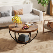 Round Coffee Table, Industrial 2-Tier Circle Coffee Table with Storage Shelves