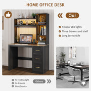 Home Office Desk with Hutch and Drawers Computer Desk with Power Outlets and LED