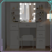Modern Vanity Desk White Makeup Desk 5 Drawers 10 LED Lights Mirror and Stool