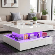 High Gloss LED Coffee Table With 2 Drawers Modern 2 Tier Square Centre Table