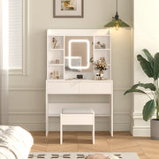 Dressing Table Set Cabinet Drawers Adjust LED Vanity Ample Storage Mirror White