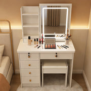 White Dressing Table w/ LED Lights Mirror Stool Drawers Vanity Makeup Desk Set