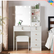 Dressing Table White Vanity Set Makeup Desk with Stool Mirror 6Drawer LED Lights