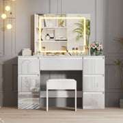 White Dressing Table High Gloss Vanity Makeup Desk 7 Drawers& Stool& LED Mirror