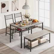 4-Piece Grey Dining Set for 4, Rectangular Table, 2 Chairs & Bench W/ Rack