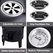 3 In 1 Charcoal Smoker BBQ Grill Patio Garden Camping Roaster with Thermometer