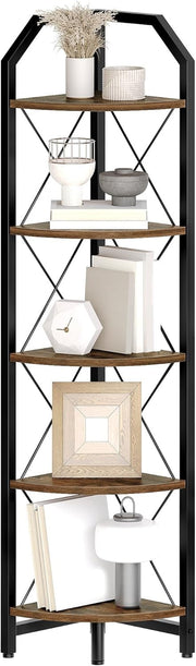 Corner Shelf 5 Tier Industrial Bookshelf & Display Storage Stand Rustic Brown