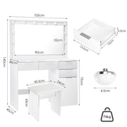 White Dressing Table with LED Lights Mirror Stool Drawers Vanity Makeup Desk Set