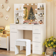 Vanity Dressing Table Stool Set w/ LED Mirror 5 Drawers Makeup Desk For Bedroom