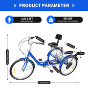 24 Inch Adult Trike Tricycle Foldable 3 Wheel Bike 7-Speed With Basket Blue UK