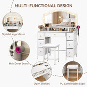 Dressing Table Makeup Desk LED Mirror Vanity Set 7 Drawers Organizer Stool White
