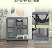 Cat Cage House Catio Indoor Enclosure on Wheels Fir Wood Grey 3 Levels