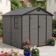 8x8FT Plastic Garden Shed Outdoor Tool Storage House with Floor & Lockable Doors
