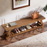 63-Inch Farmhouse Solid Wood Entryway Bench with Shoe Storage Shelf for Hallway
