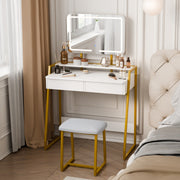 MONDEER Dressing Table Makeup Desk Vanity Set w/ LED Light Drawers Padded Stool