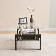Coffee Table Clear Glass Top Black Shelf with Black High Gloss Legs Modern Home
