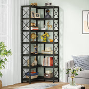 Corner Bookshelf, Large Modern Corner Bookcase with Metal Frame for Living Room