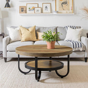 80cm Round Coffee Table 2-Tier Industrial Accent Center Table with Storage Shelf