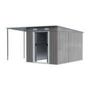 Grey Metal Garden Shed Tools Bikes Storage House with Side Canopy, 345x280x181cm