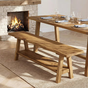 55 Inch Farmhouse Solid Wood Dining Bench with Storage Shelf for Dining Room