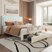 Double Bed Frame 4ft6 Beige 16-Colour LED Headboard 2 Drawers Iron 135x190cm