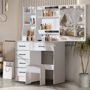 Dressing Table Makeup Desk 10 LED Lights Mirror 6 Drawers & Stool Set Vanity