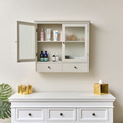 Pale Taupe Reeded Glass Wall Cabinet with Drawers shelves shelving storage