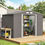 9 x 6FT Galvanised Garden Storage Shed with Sliding Door, Grey