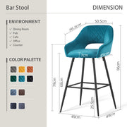 Set of 2 Bar Stools Velvet/PU Metal Legs Breakfast Stools Armrest Padded Chairs