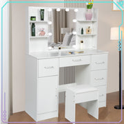 Modern Vanity Desk White Makeup Desk 5 Drawers 10 LED Lights Mirror and Stool