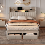 Double Bed Frame 4ft6 Upholstered Storage Bed USB-C Shelving Headboard Beige