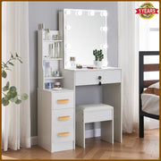 Dressing Table With Led Mirror 4 Drawers Vanity Makeup Desk Stool Set White