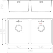 Stainless Steel Kitchen Sink 2 Double Bowl Inset Undermount Strainer Waste 750mm
