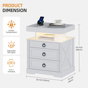Bedside Table with Charging Station, Smart End Table with 3-Colour LED Lights
