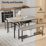 4-Piece Grey Dining Set for 4, Rectangular Table, 2 Chairs & Bench W/ Wine Rack