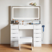 Vanity Dressing Table with LED Lighted Mirror & 11 Drawers Makeup Desk w/ Stool