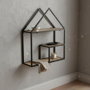 House Shaped Wall Shelf Retro Metal and Wood Display Shelf for Bedroom,