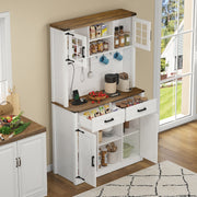 White Tall Kitchen Pantry Cabinet Highboard LED Lights Barn Doors 2 Drawers