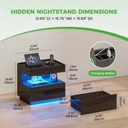 Bedside Table Hidden Drawer 3 Colour LED Motion Sensor USB & Type-C Charging
