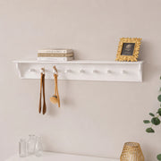 Large White Washed Mango Wooden Wall Shelf with Hooks - 100cm