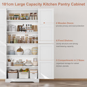 Pantry Cupboard, 180 cm Tall Kitchen Storage Cabinet with 4 Wooden Doors