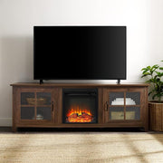 Large 70 Inch TV Stand with Electric Fireplace | Dark Walnut | Farmhouse Glass D