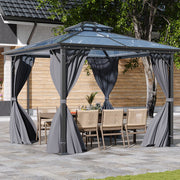 XL Hardtop Gazebo Garden Pavilion Metal Frame Polycarbonate Roof with Curtains