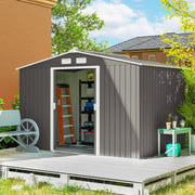 9 x 6FT Galvanised Garden Storage Shed with Sliding Door, Grey