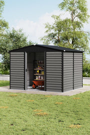 8 x10ft Garden Storage Shed with Double Sliding Door Grey Wood Effect, FREE BASE