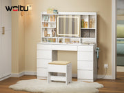 White Dressing Table with LED Lights Sliding Mirror 9 Drawers Vanity Makeup Desk